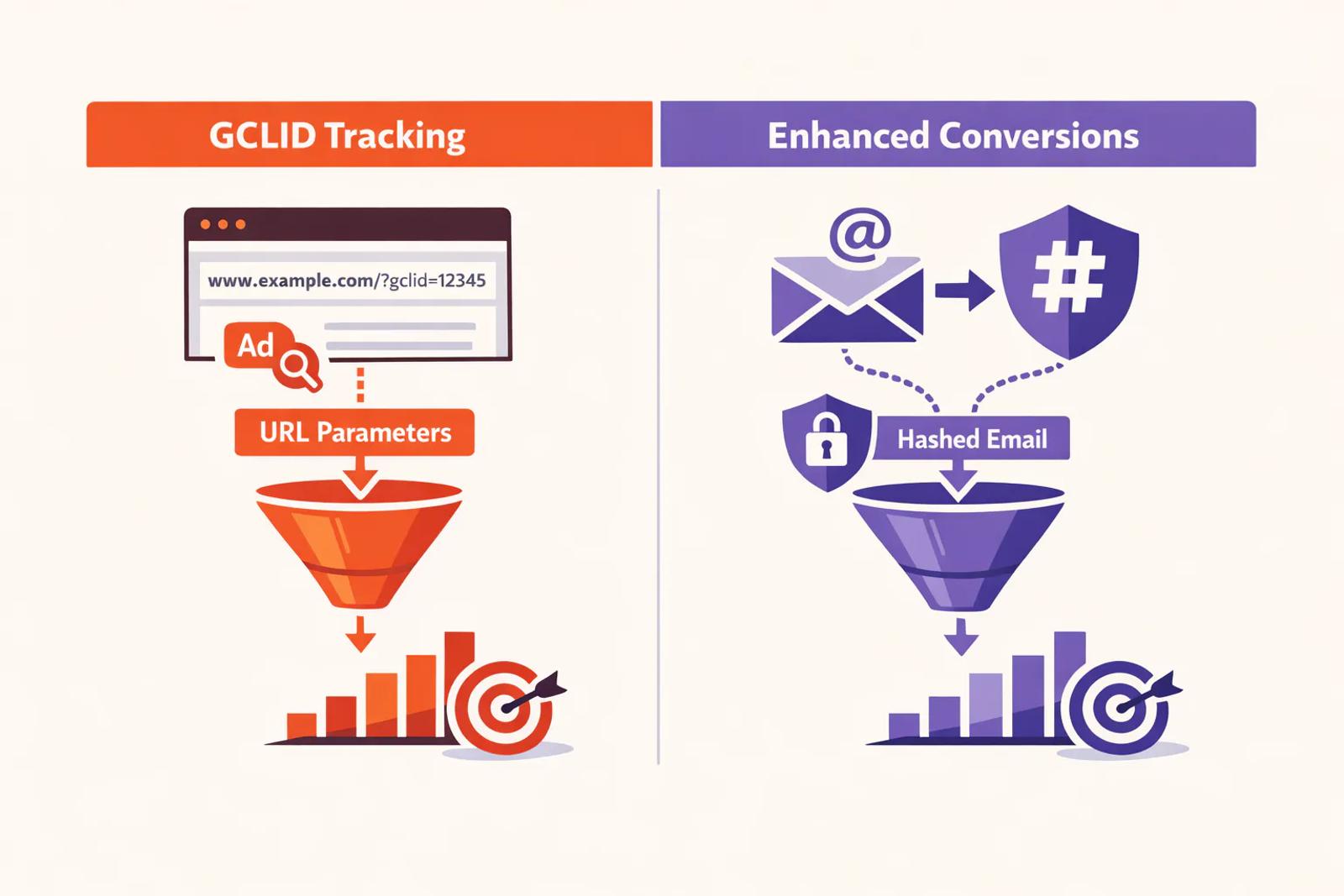 Comparison table showing GCLID vs enhanced conversions methods for offline conversion tracking