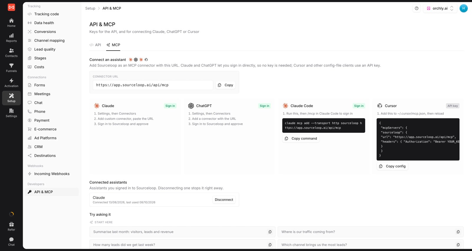 SourceLoop API and MCP settings page