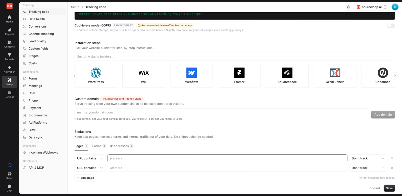 SourceLoop exclusion settings for pages, forms and IP addresses