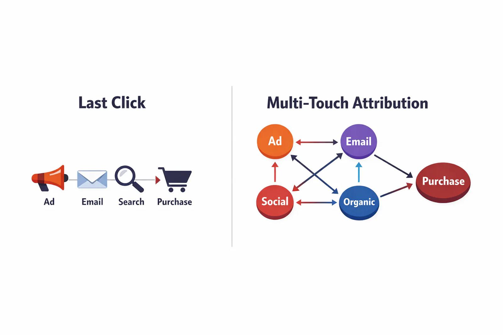 Comparison of last-click attribution vs multi-touch attribution credit distribution