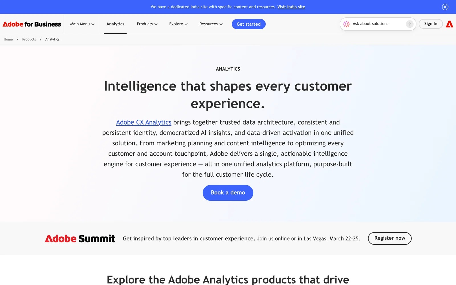 Adobe Analytics product page on Adobe for Business