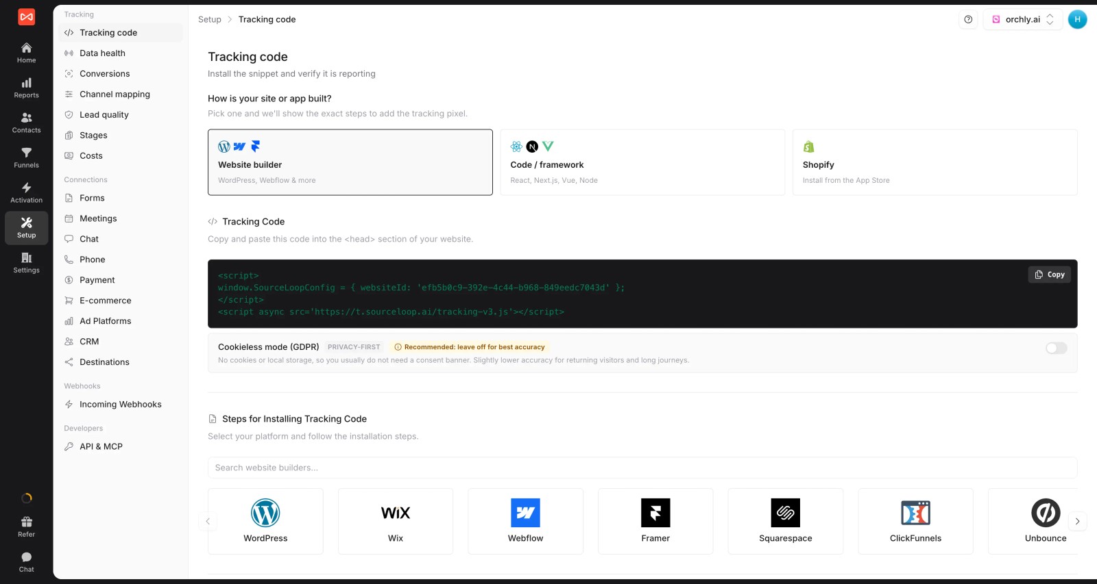 SourceLoop Tracking code page with the install snippet, platform picker and per-builder install guides
