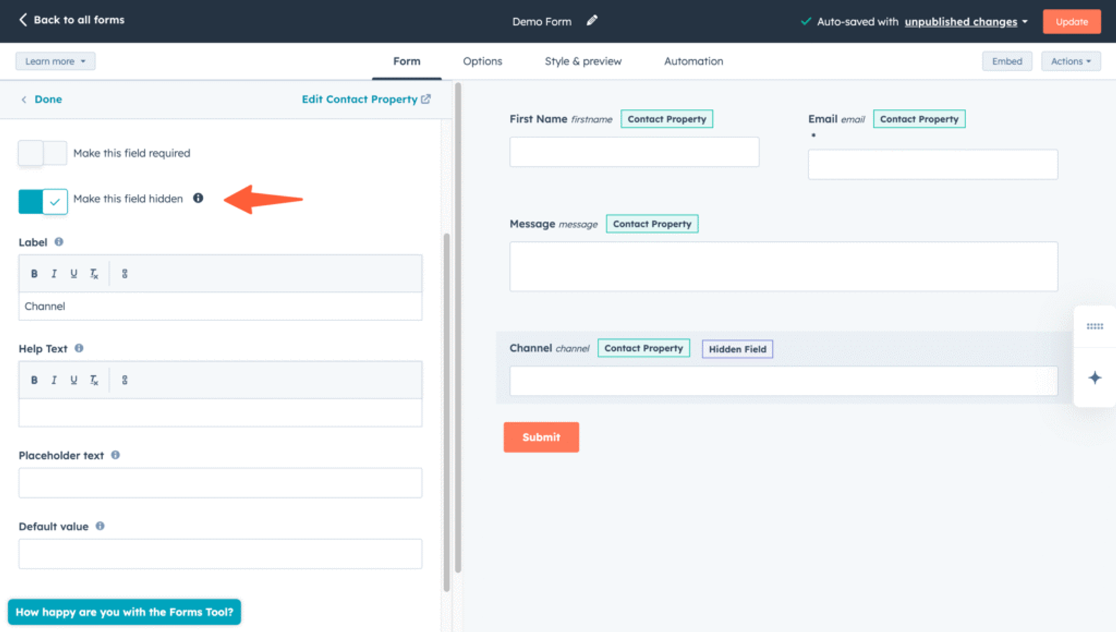 Make hubspot field hidden