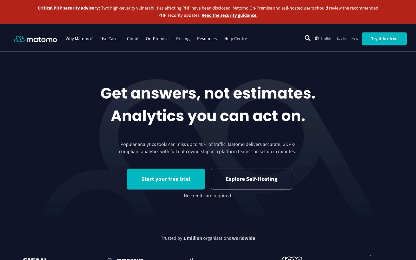 Matomo homepage promoting privacy-first analytics with self-hosting
