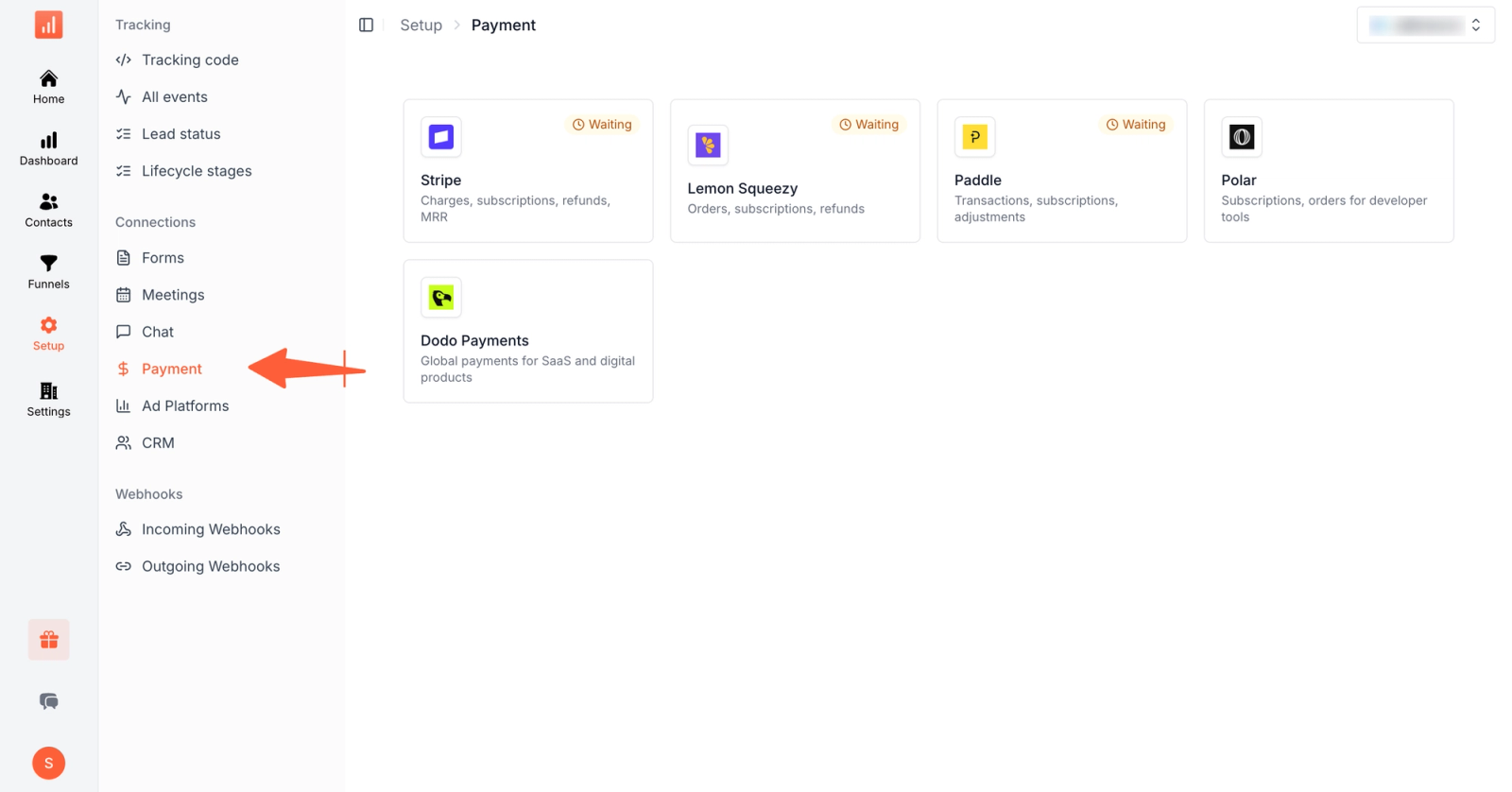 SourceLoop Setup Payment page with cards for Stripe and other payment providers