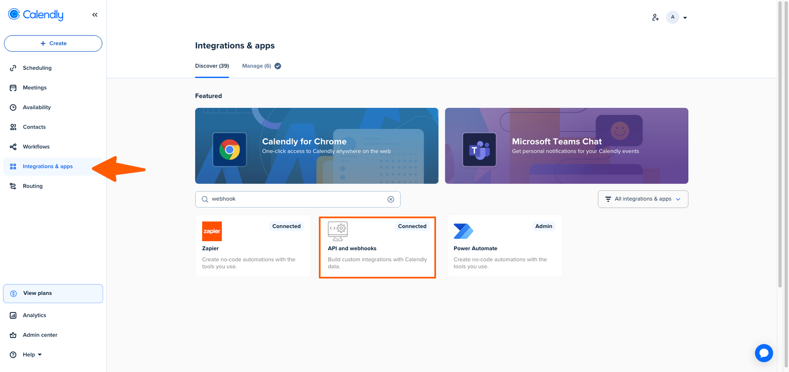 Calendly Integrations and apps page with API and Webhooks highlighted