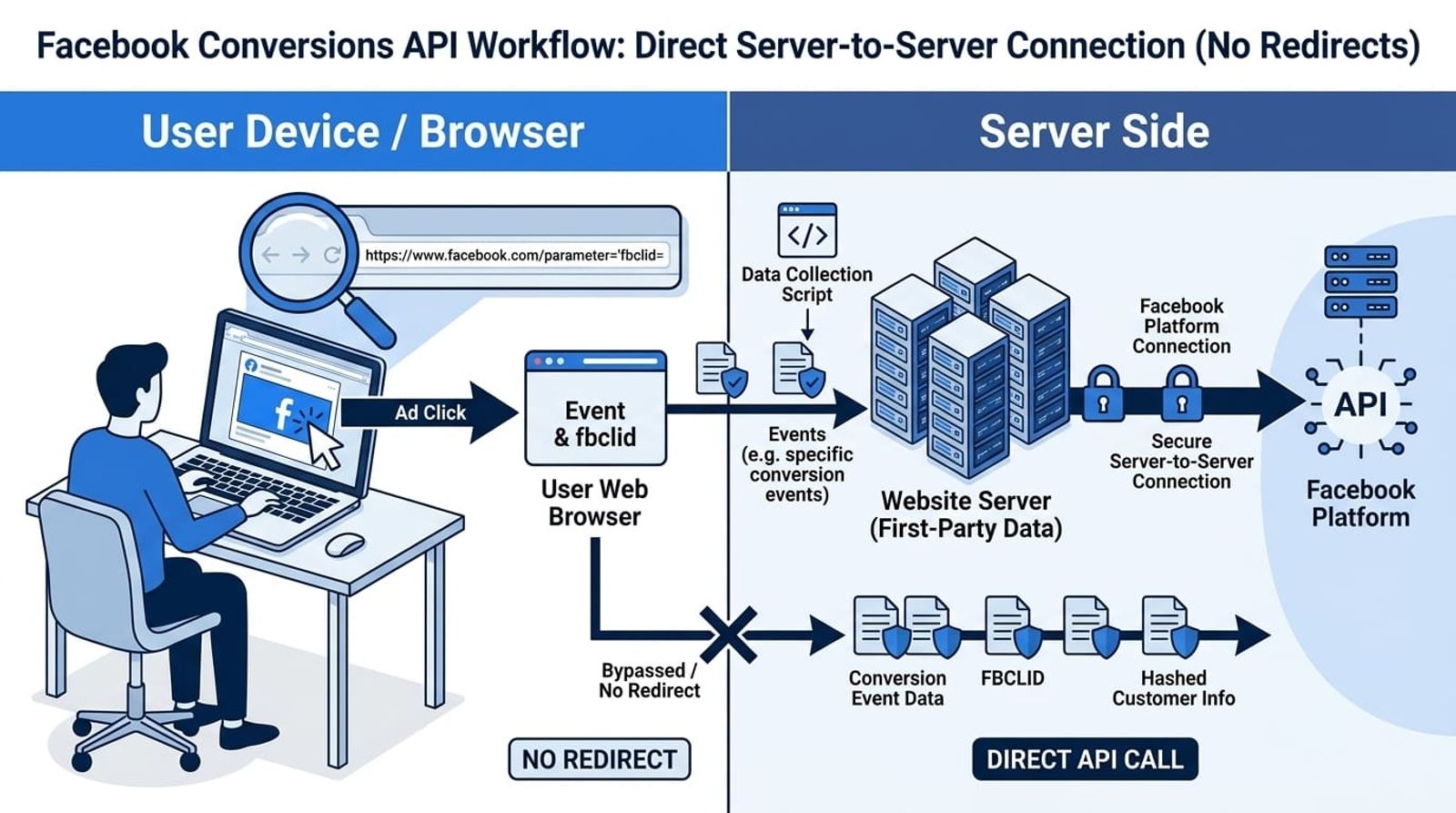 Diagram illustrating Facebook Conversions API server-to-server tracking workflow without click redirects