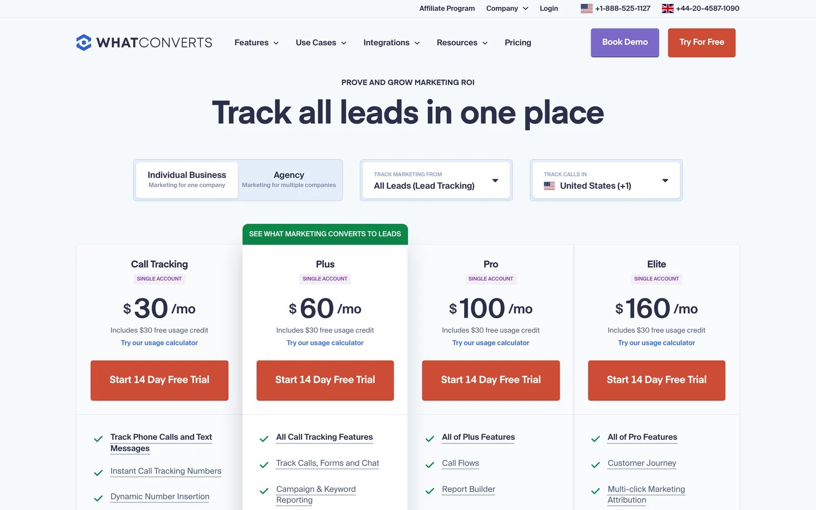 WhatConverts pricing page showing the Call Tracking, Plus, Pro and Elite single-account plans