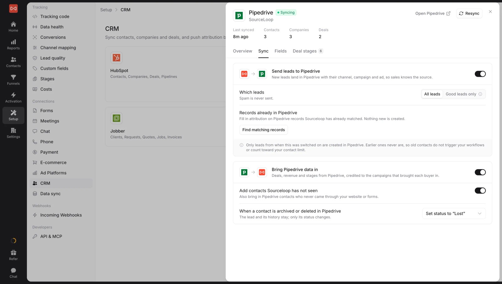 SourceLoop CRM sync settings for Pipedrive with options to send leads to the CRM and bring Pipedrive data back in