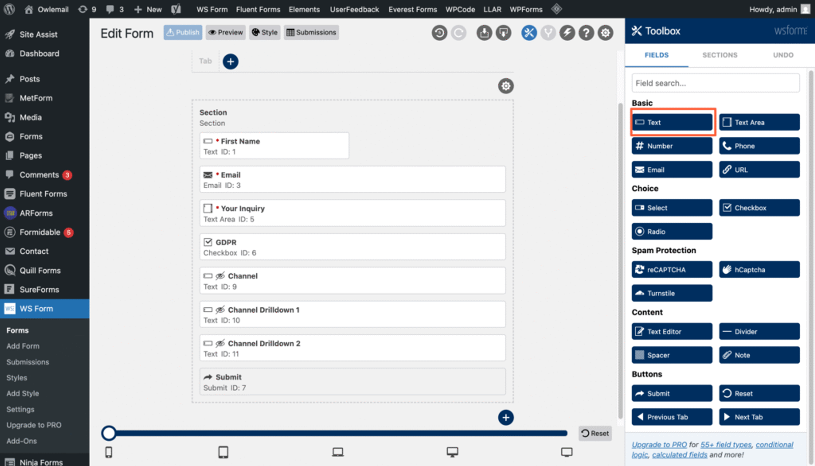 drop text field in WS form