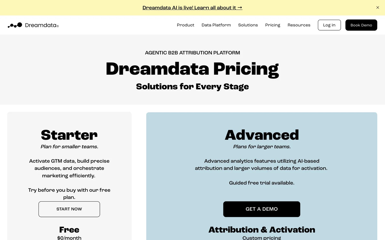 Dreamdata pricing page showing the free Starter plan and the custom-priced Advanced plan