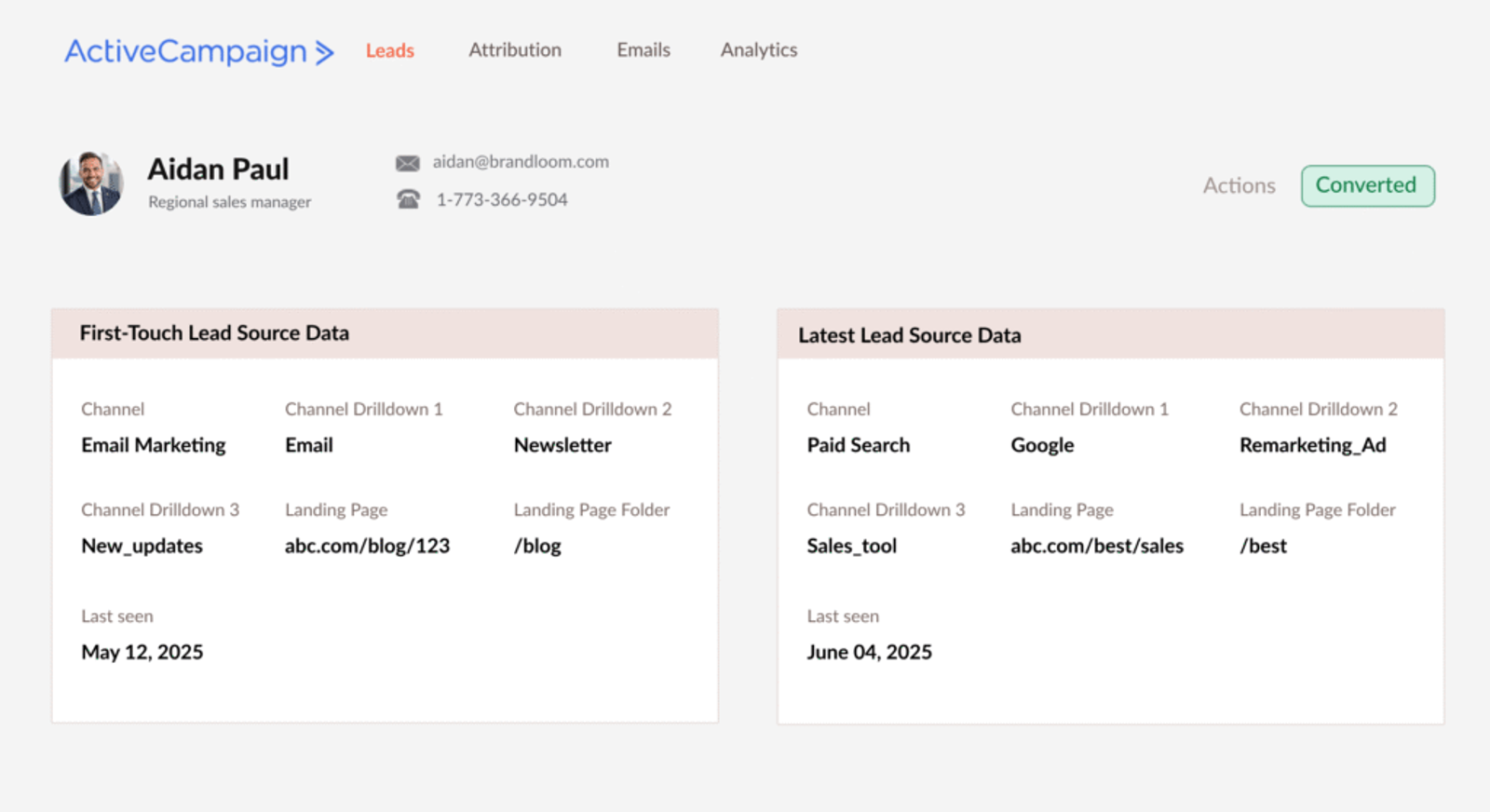 ActiveCampaign CRM UTM parameters tracking