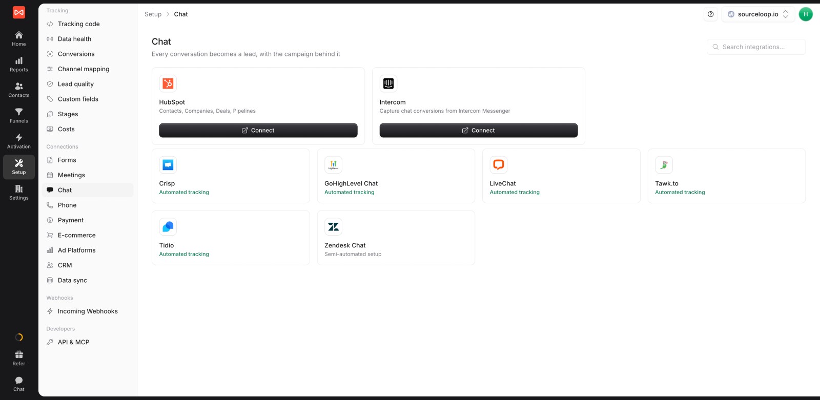 SourceLoop Setup Chat page with Connect buttons for HubSpot and Intercom above the other chat tools