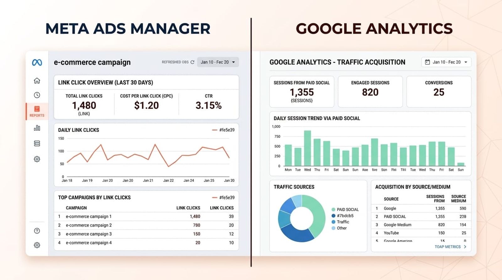Side-by-side comparison of Meta Ads link clicks dashboard and Google Analytics sessions report showing data discrepancies