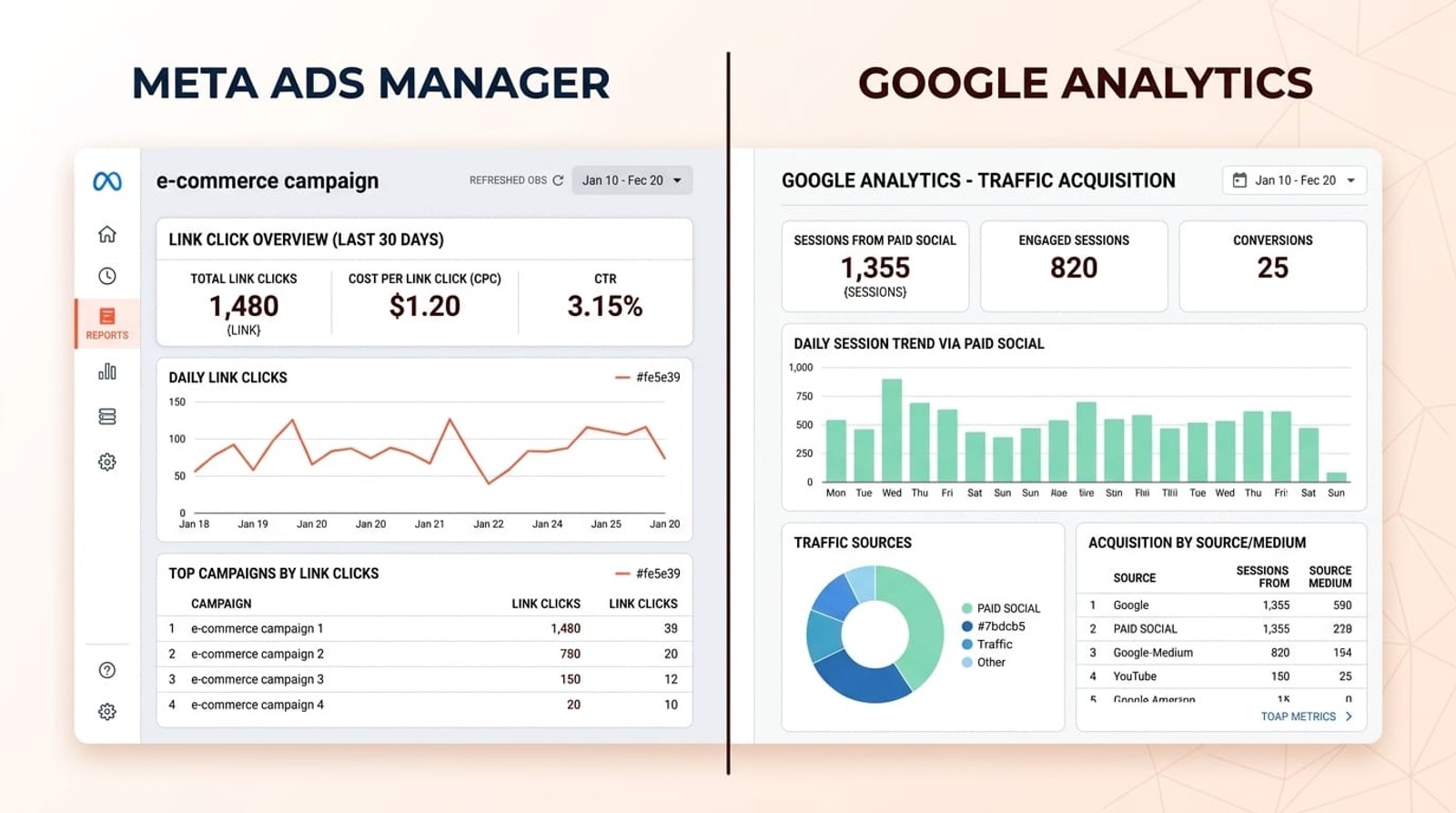 Side-by-side comparison of Meta Ads link clicks dashboard and Google Analytics sessions report showing data discrepancies