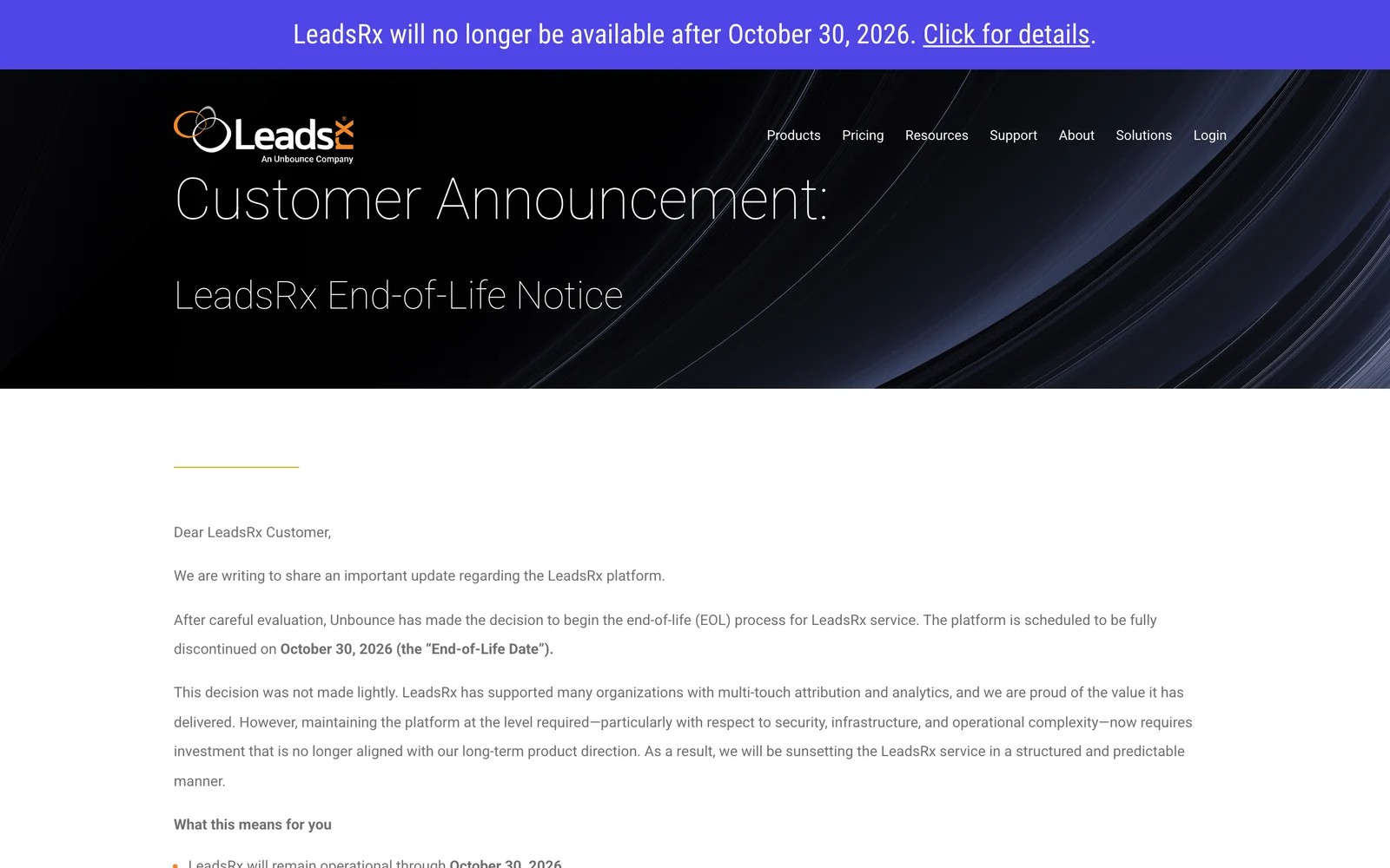 LeadsRx end-of-life notice page