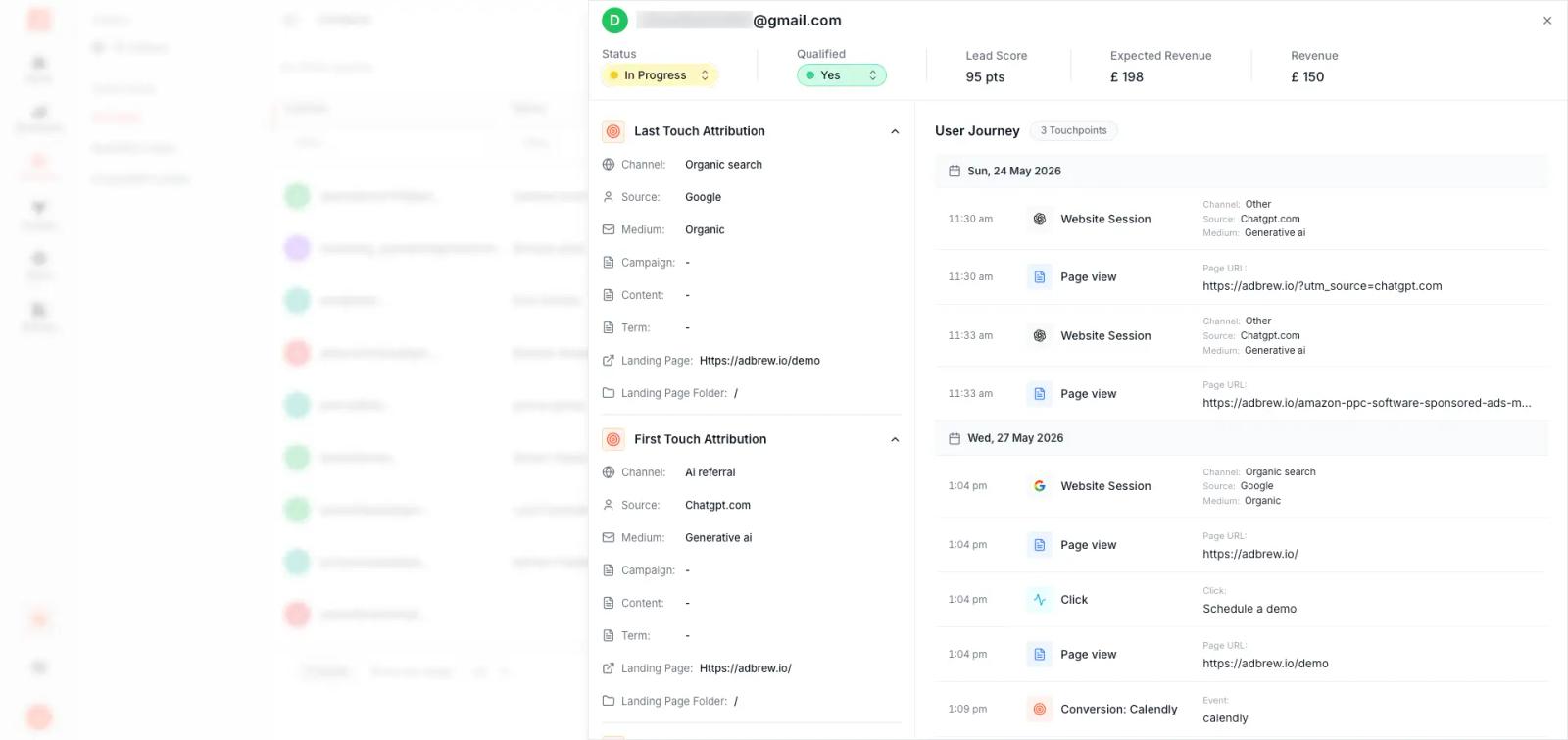 SourceLoop Contacts Hub showing a Stripe customer with revenue history and the visitor journey before purchase