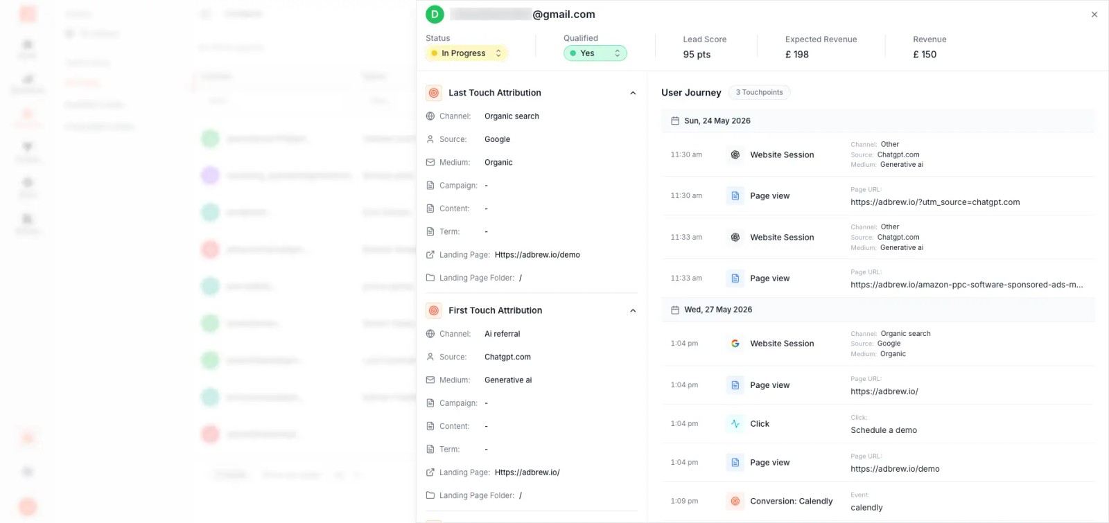 SourceLoop Contacts Hub showing a lead with the visitor journey and source details