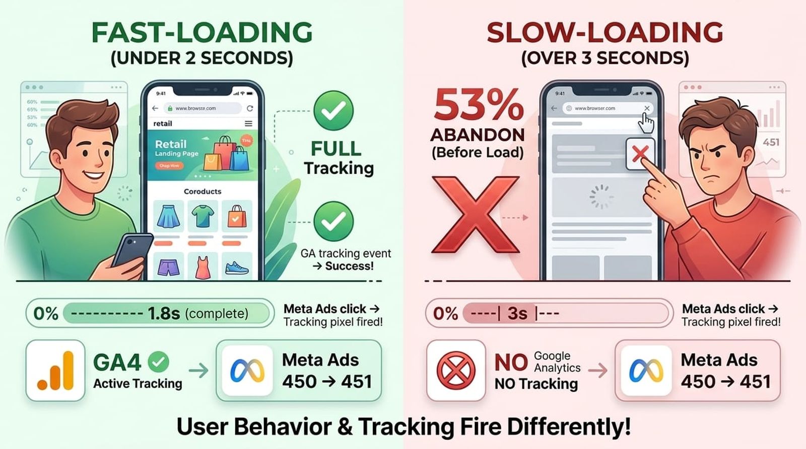 Comparison showing how slow page load times cause users to abandon before Google Analytics tracking fires, creating discrepancies