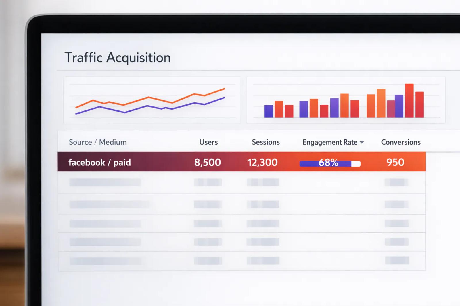 GA4 Traffic Acquisition report showing Facebook paid traffic source and key metrics