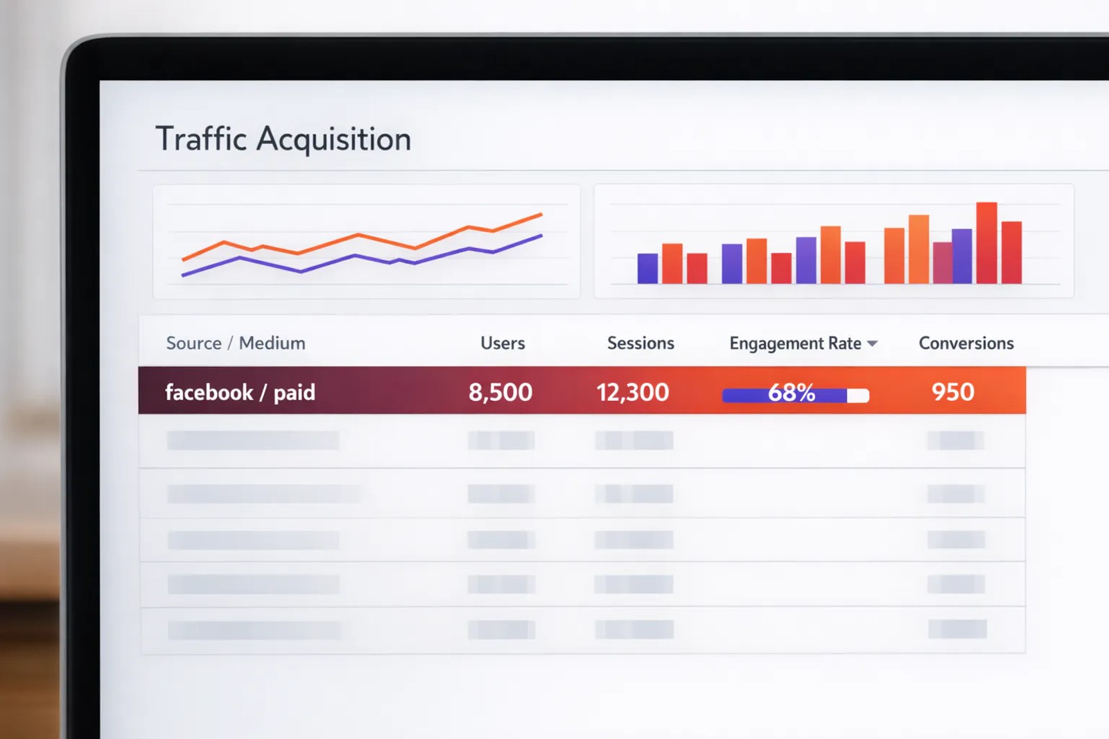 GA4 Traffic Acquisition report showing Facebook paid traffic source and key metrics