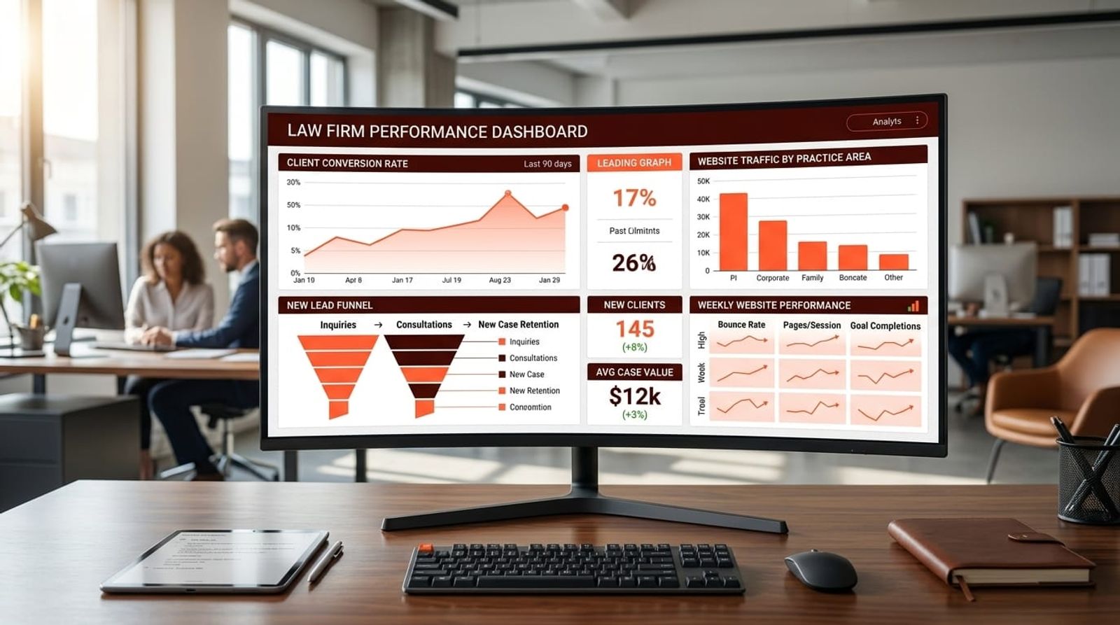 Dashboard showing law firm conversion rate metrics and lead tracking analytics