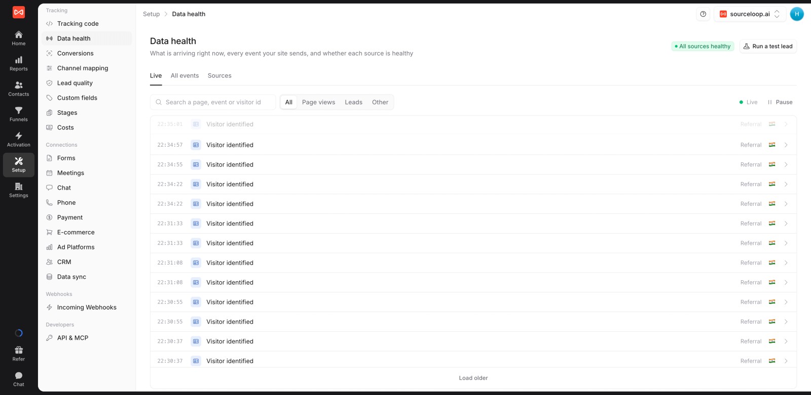 SourceLoop data health page with live event stream and sources healthy badge