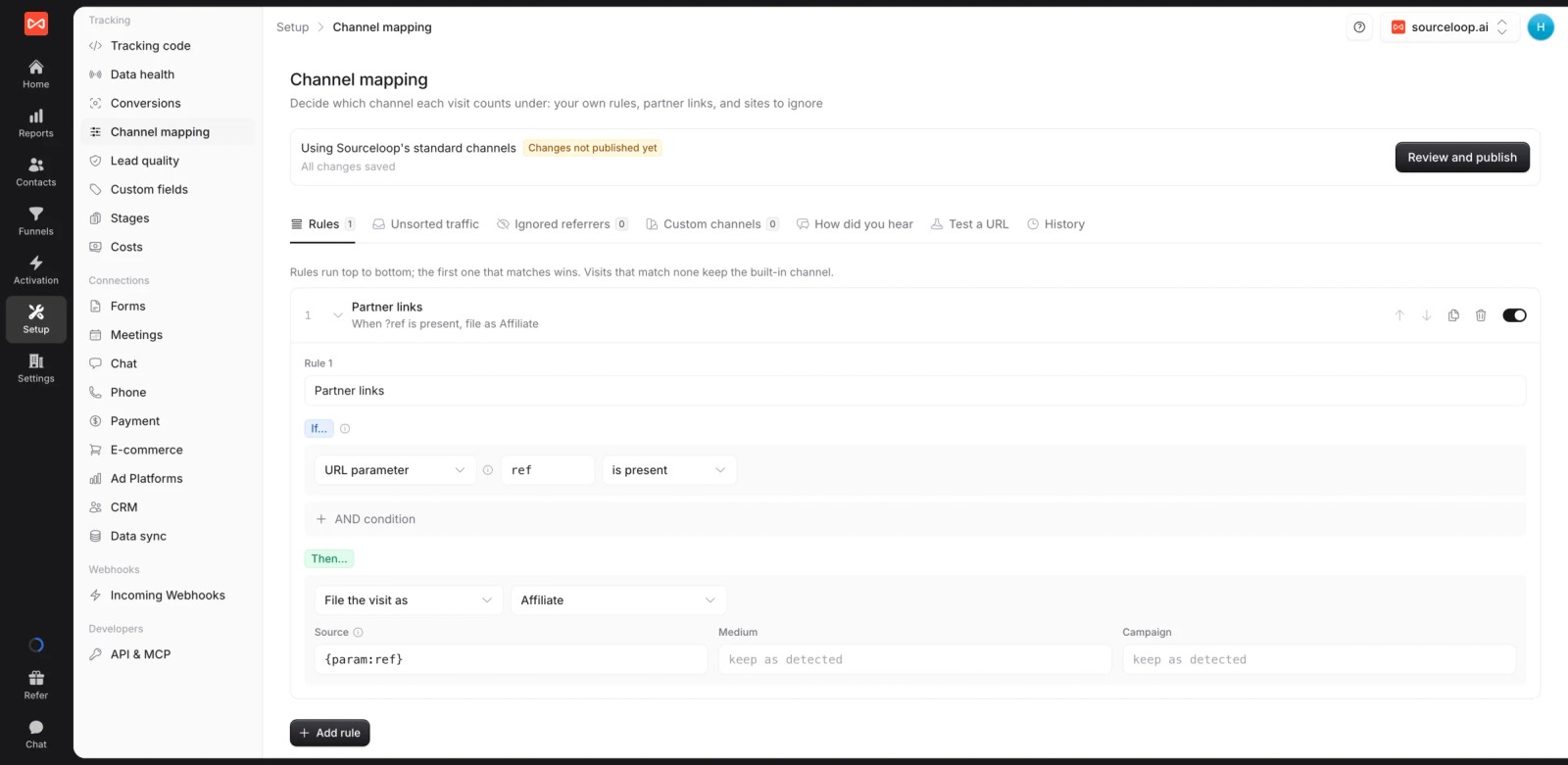 SourceLoop channel mapping rule editor filing partner links under an Affiliate channel