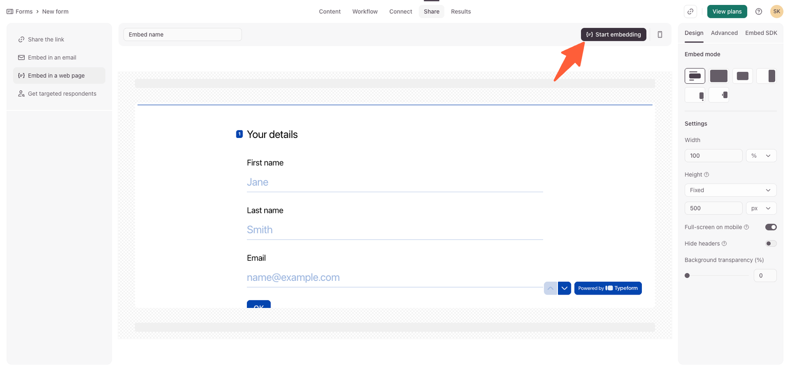 Typeform embed style picker