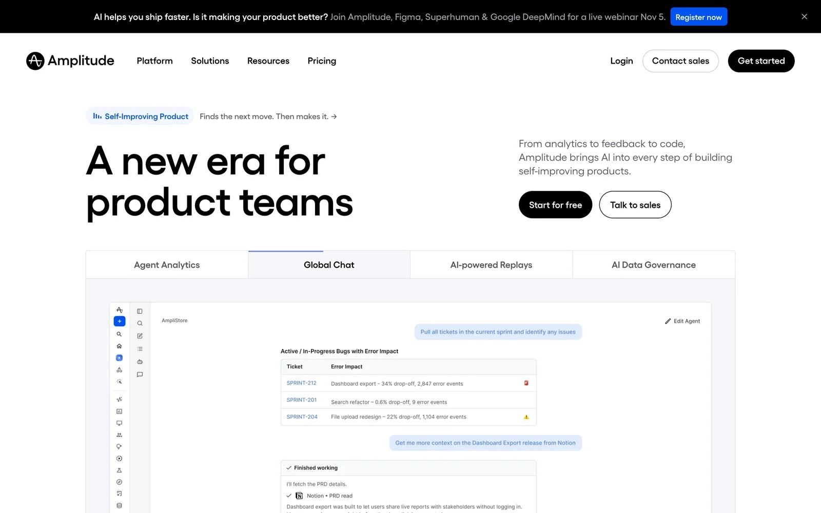 Amplitude homepage headlined a new era for product teams