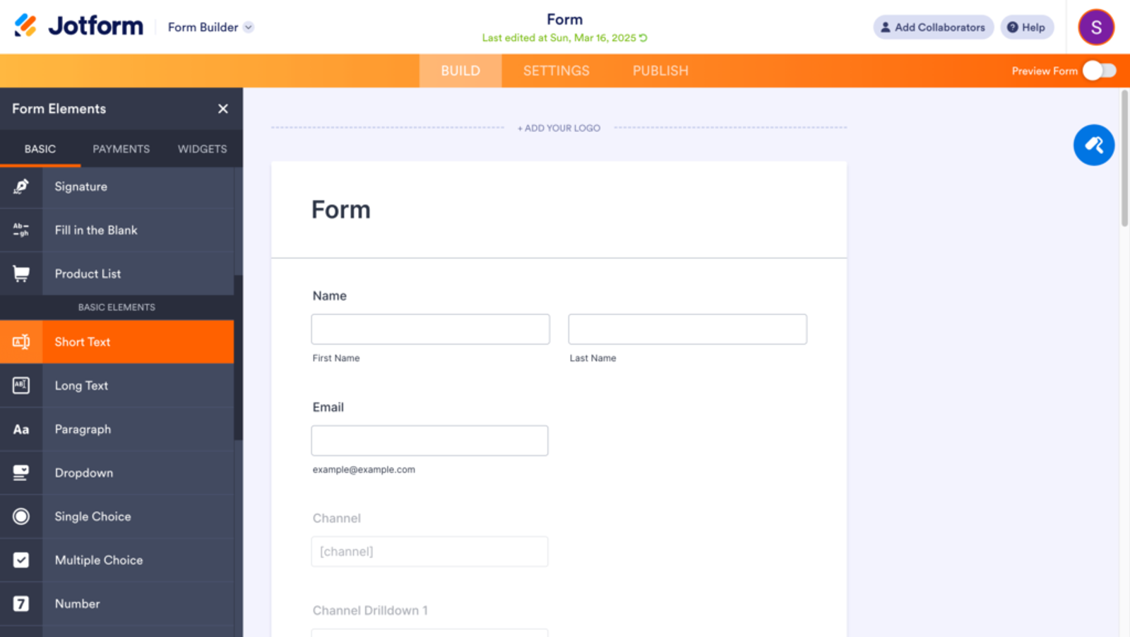 Add short text field in Jotform
