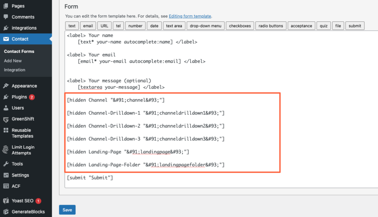 hidden fields in contact form 7