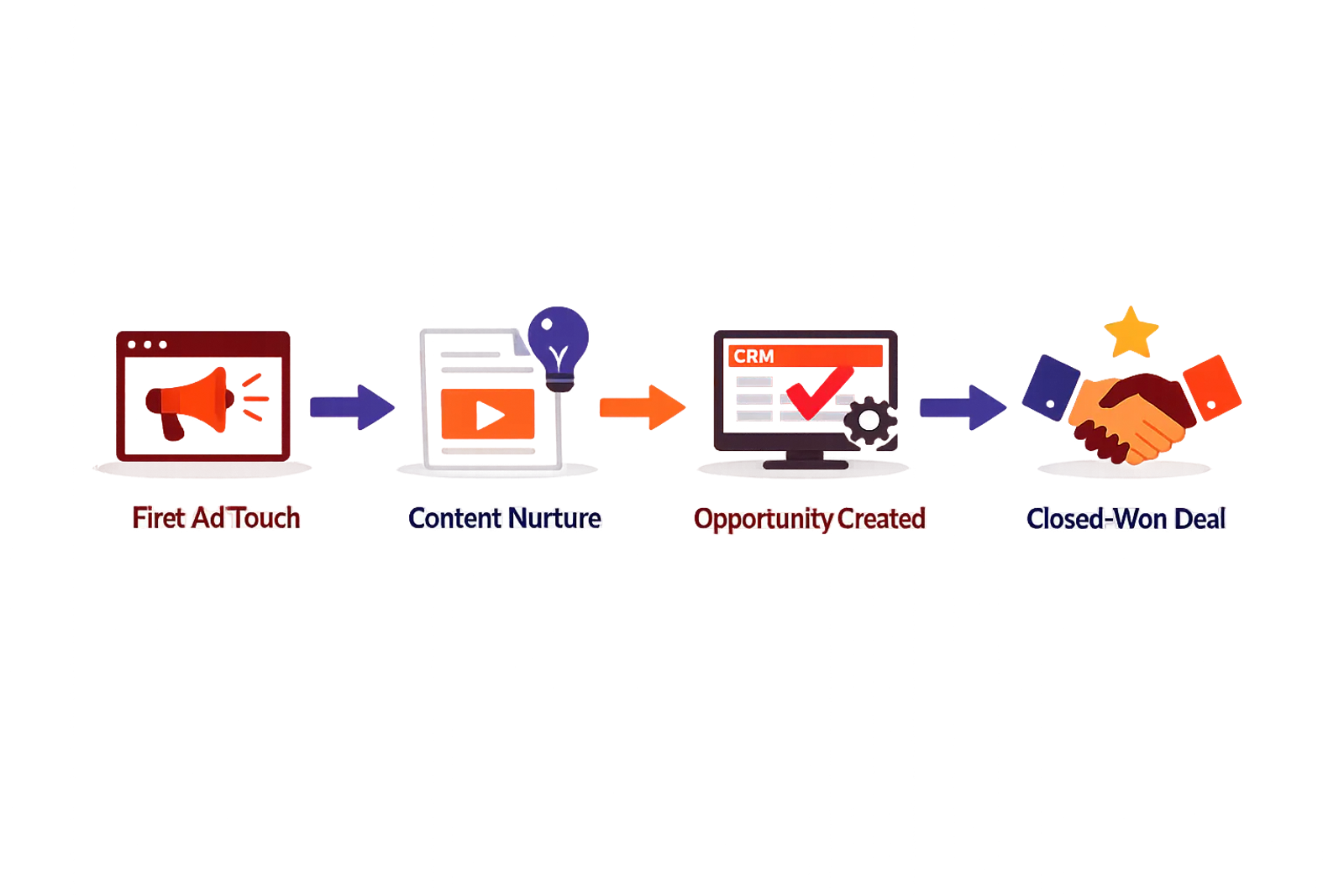 Diagram of a B2B buyer journey from first touch through opportunity creation to closed-won