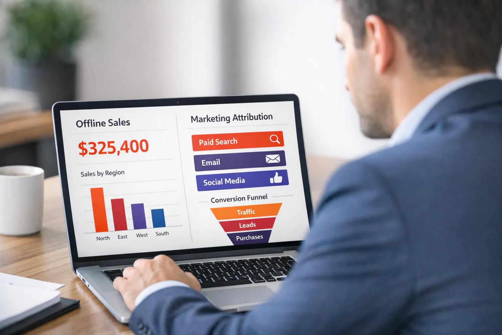 Marketing manager analyzing offline conversion tracking data on laptop to optimize Google Ads campaigns