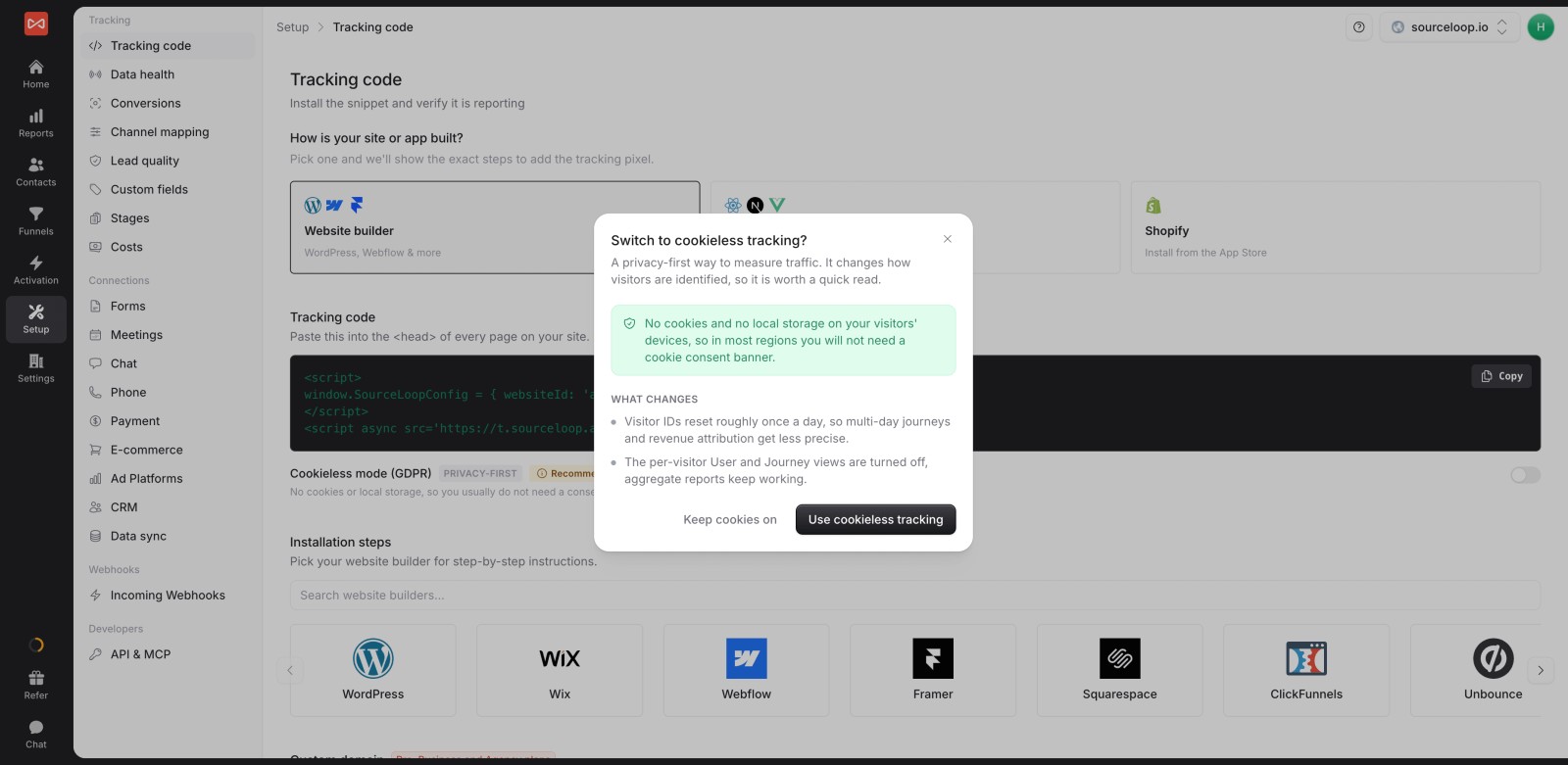 SourceLoop tracking code settings with the cookieless mode toggle