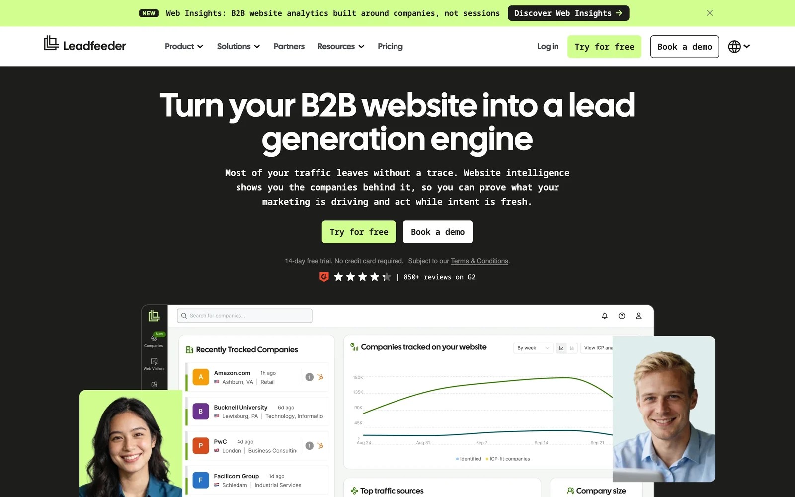 Leadfeeder homepage about turning a B2B website into a lead generation engine