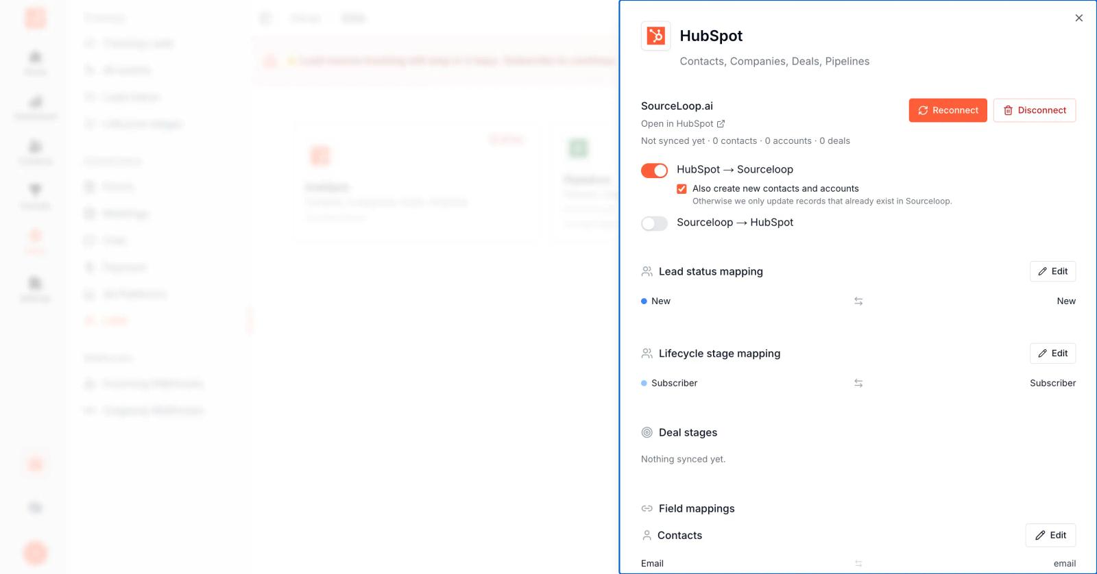 SourceLoop HubSpot drawer showing sync toggles, stage mappings, and field mappings