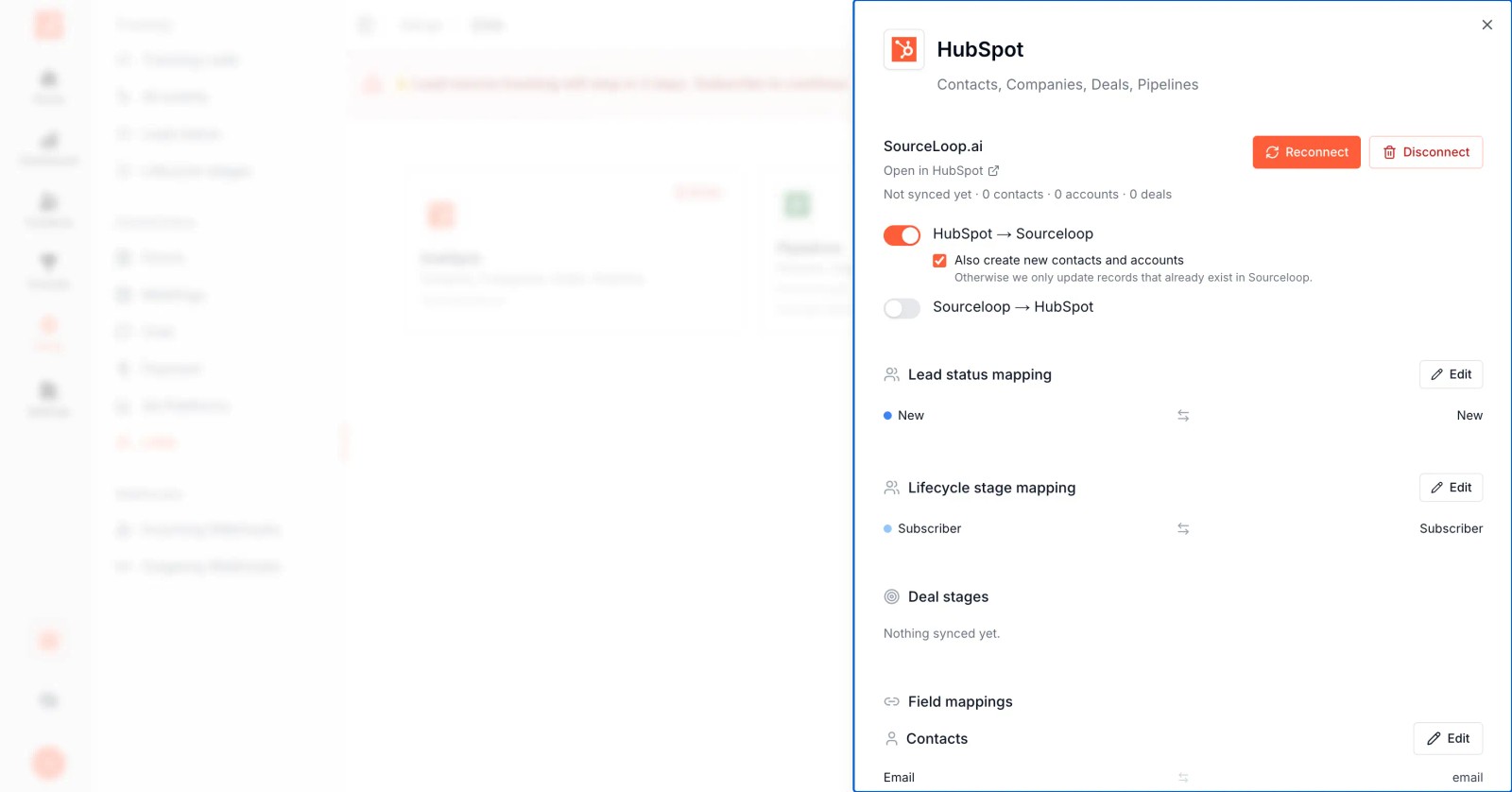 SourceLoop HubSpot drawer showing sync toggles, stage mappings, and field mappings