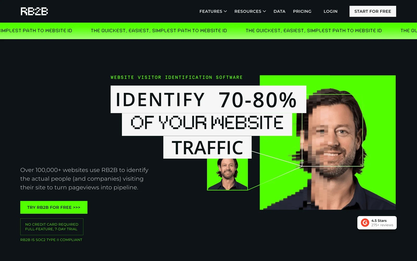 RB2B homepage about website visitor identification software