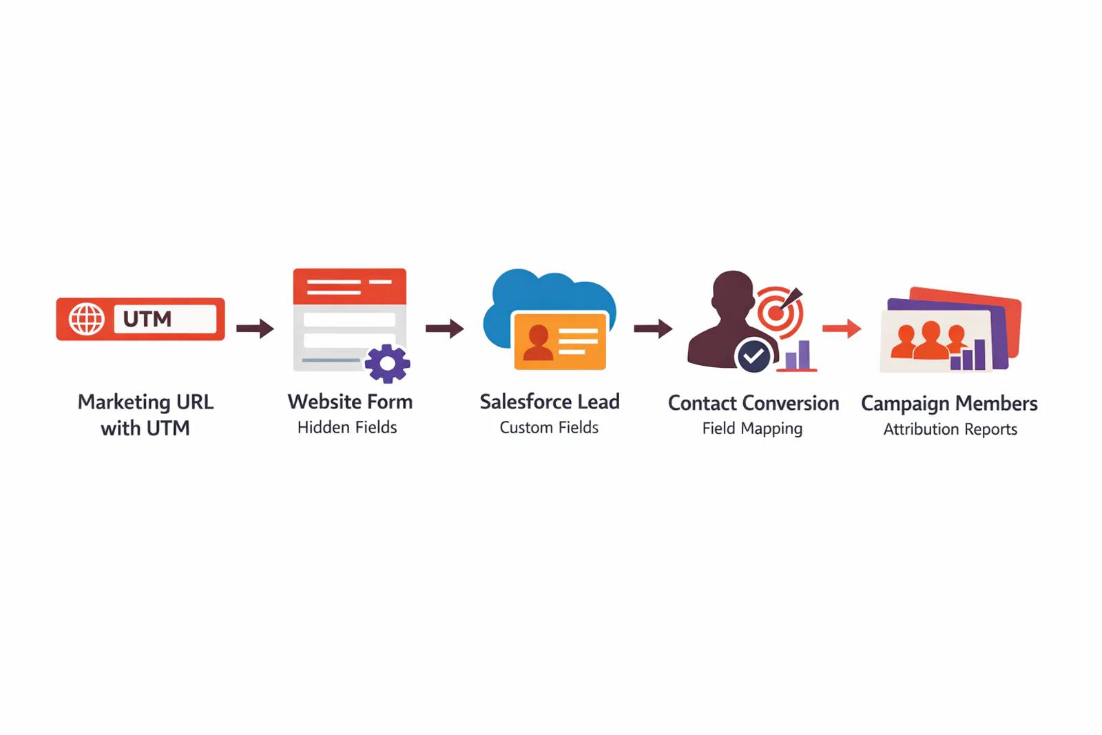 Step-by-step process diagram showing UTM parameters flowing from marketing URLs through forms into Salesforce Lead and Contact fields