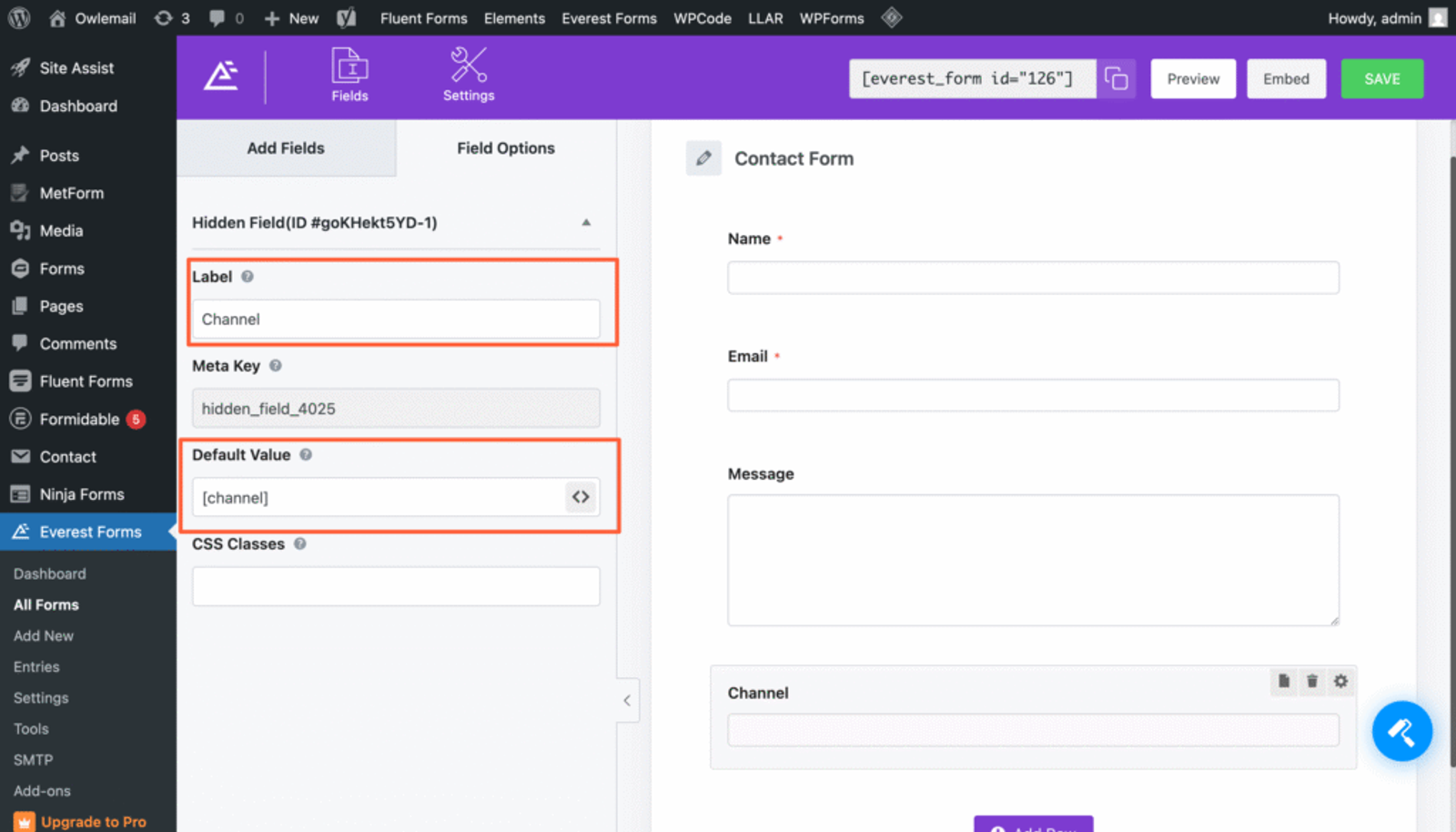 Everest Forms Hidden Fields settings for capturing UTM parameters