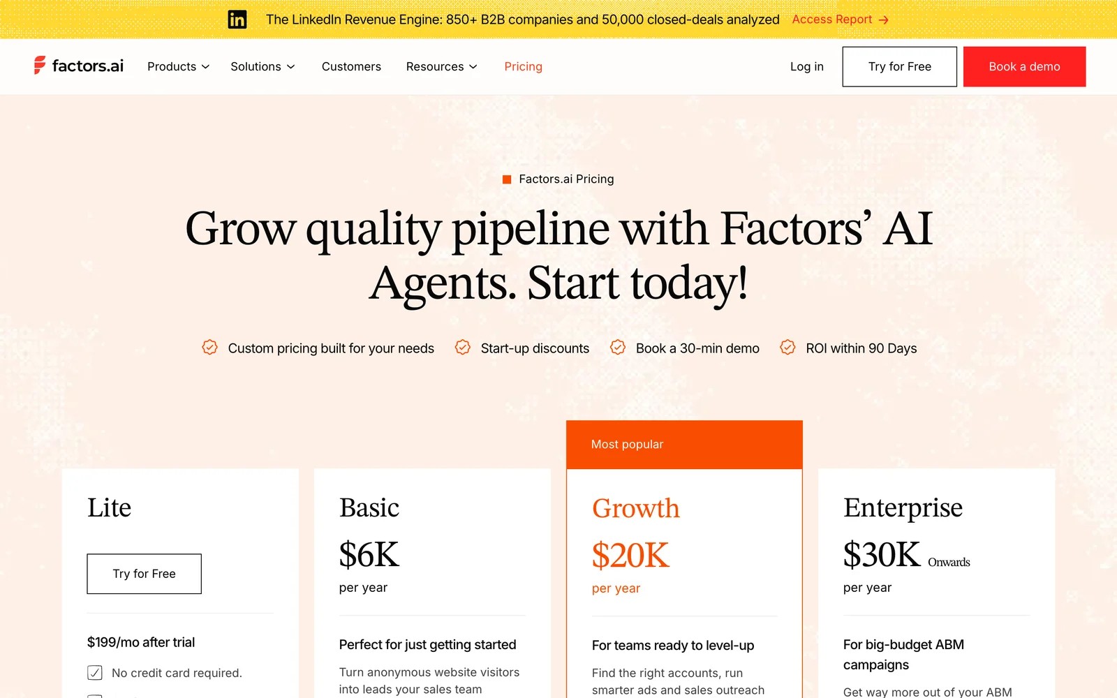 Factors.ai pricing page showing Lite, Basic, Growth and Enterprise tiers