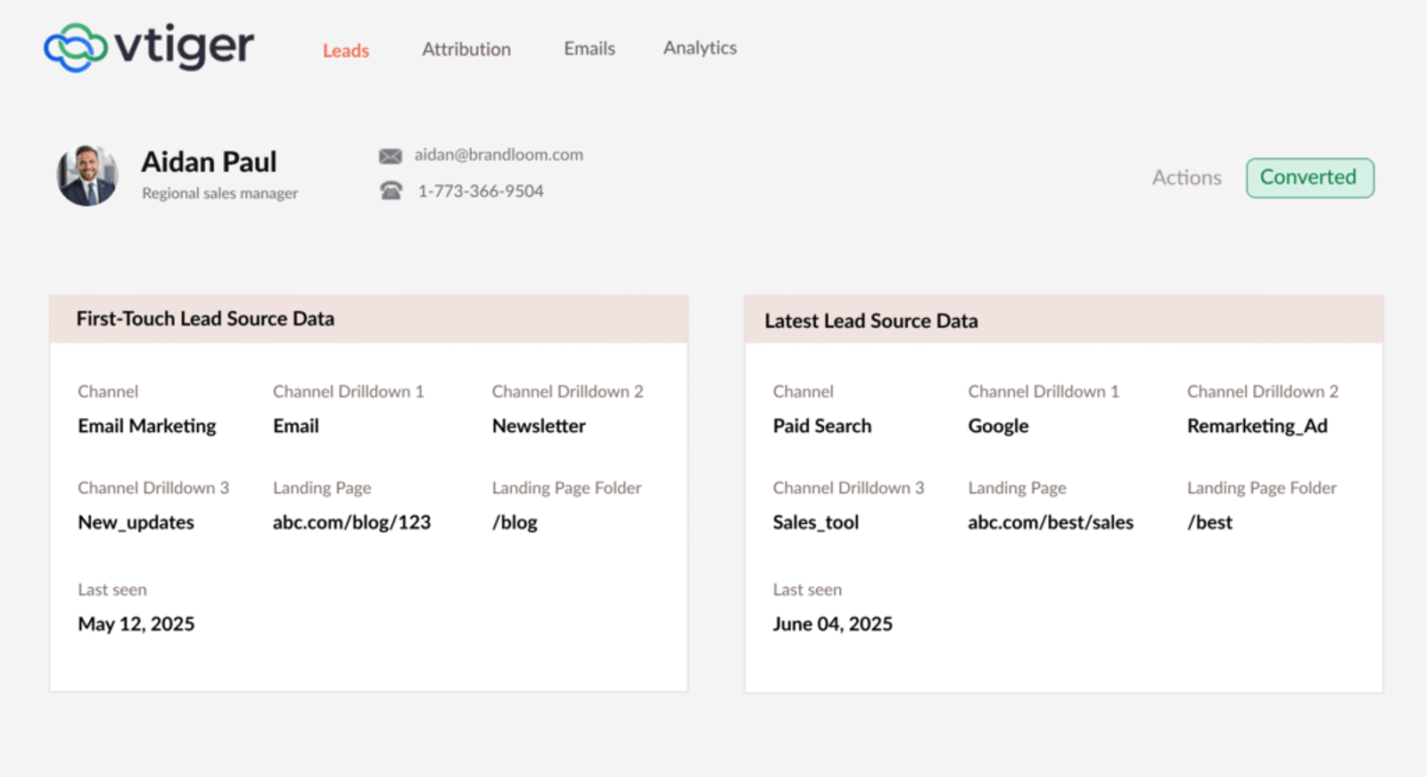 Vtiger CRM utm parameters tracking