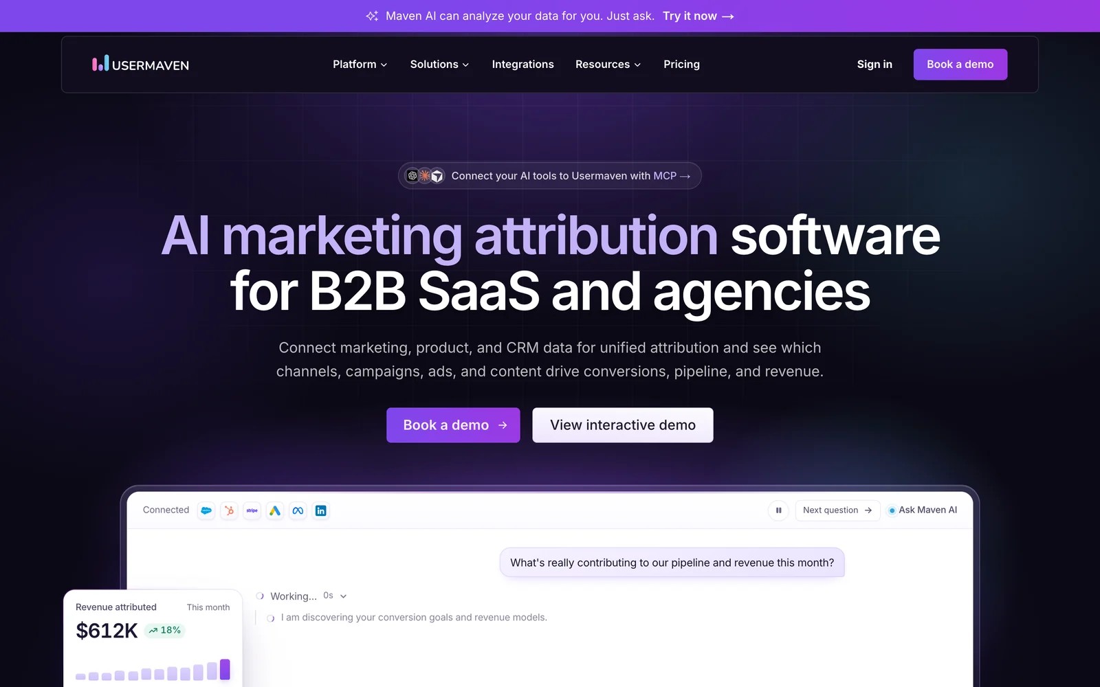 Usermaven homepage about AI marketing attribution software for B2B SaaS and agencies