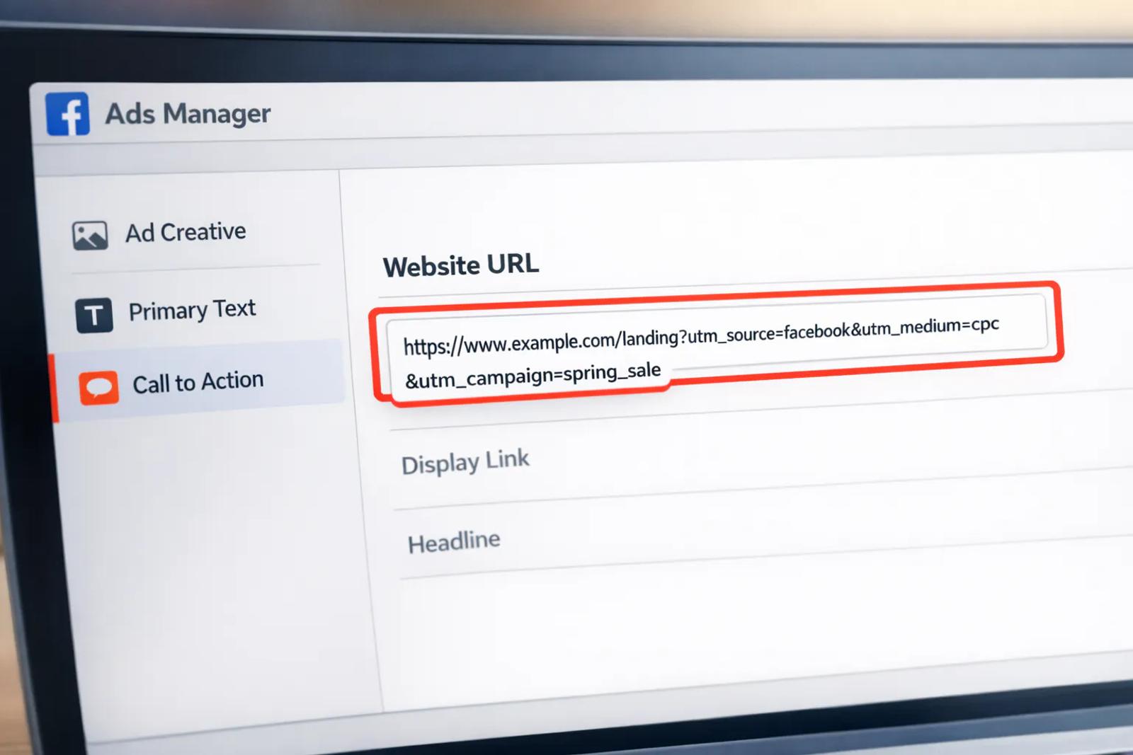 Facebook Ads Manager destination section showing where to add UTM-tagged URLs