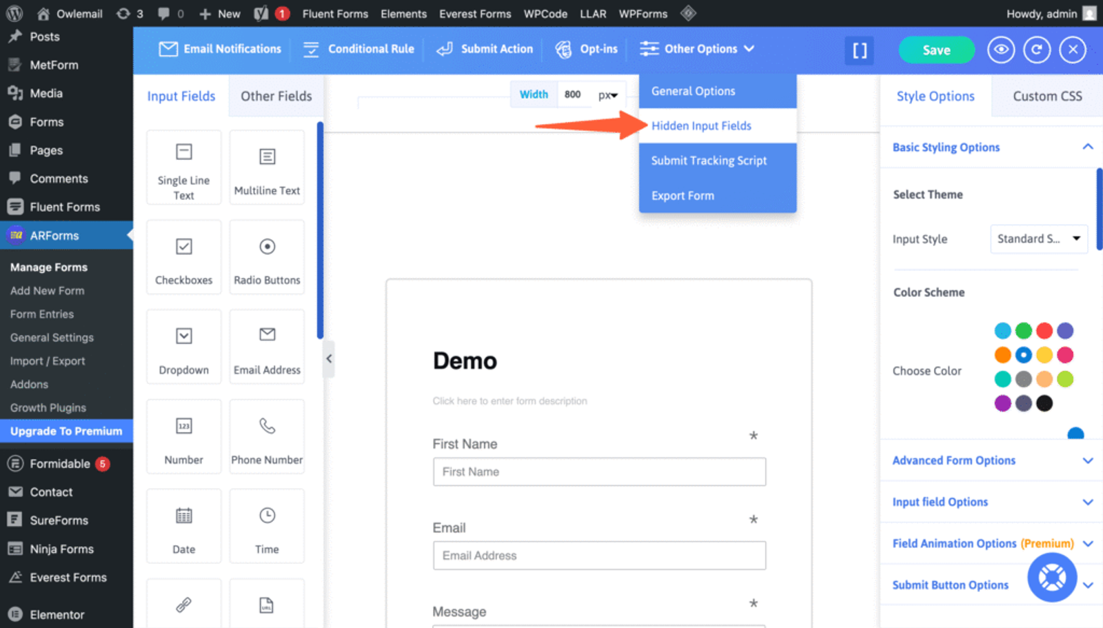 Add hidden fields in ARforms