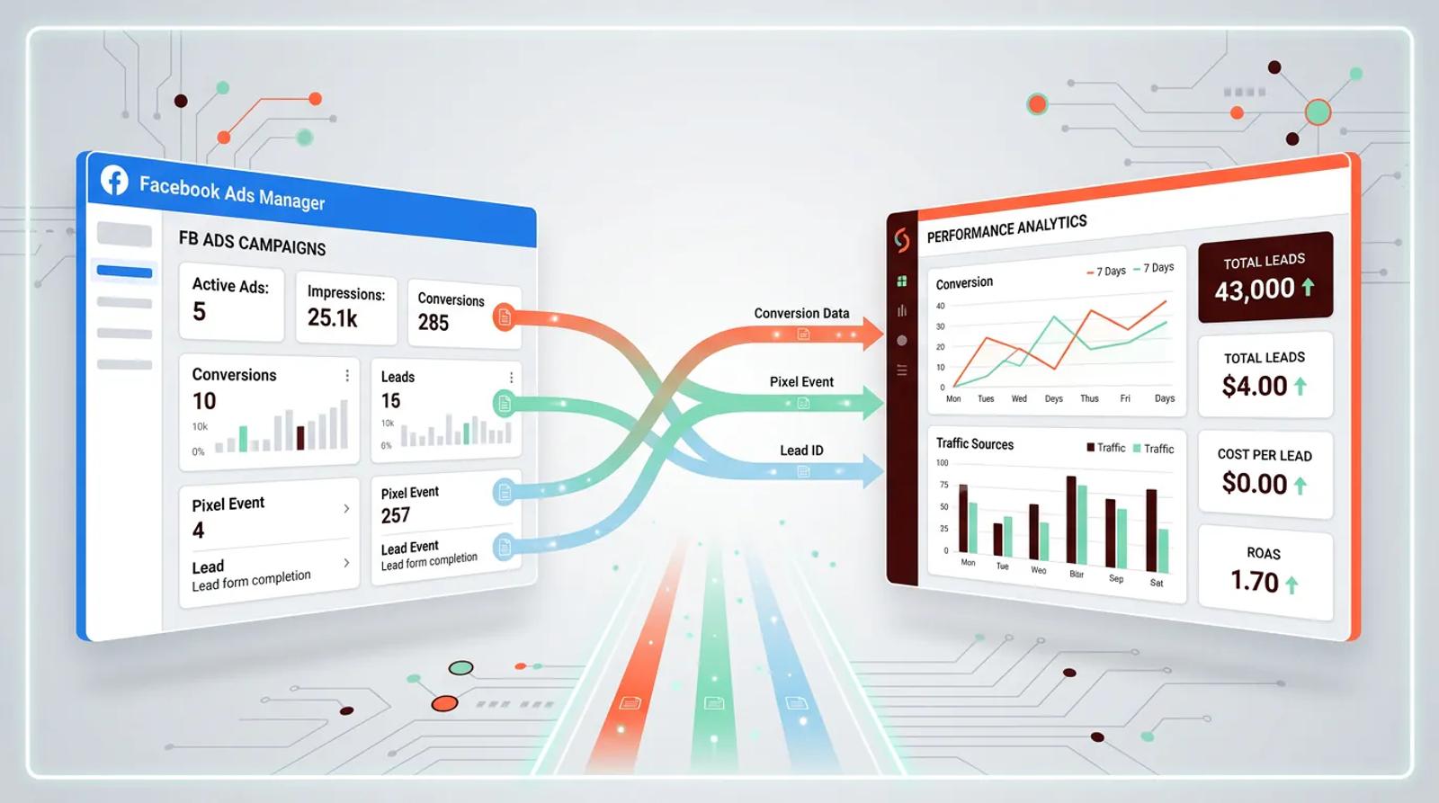 Facebook ad tracking visualization showing direct data flow to analytics dashboard without click redirects