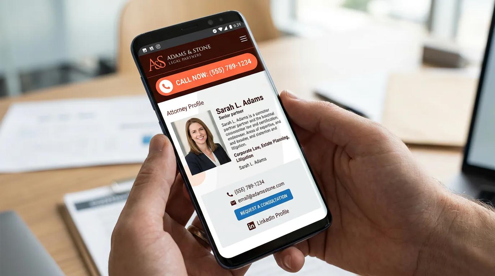 Mobile phone showing criminal defense attorney website with click-to-call button