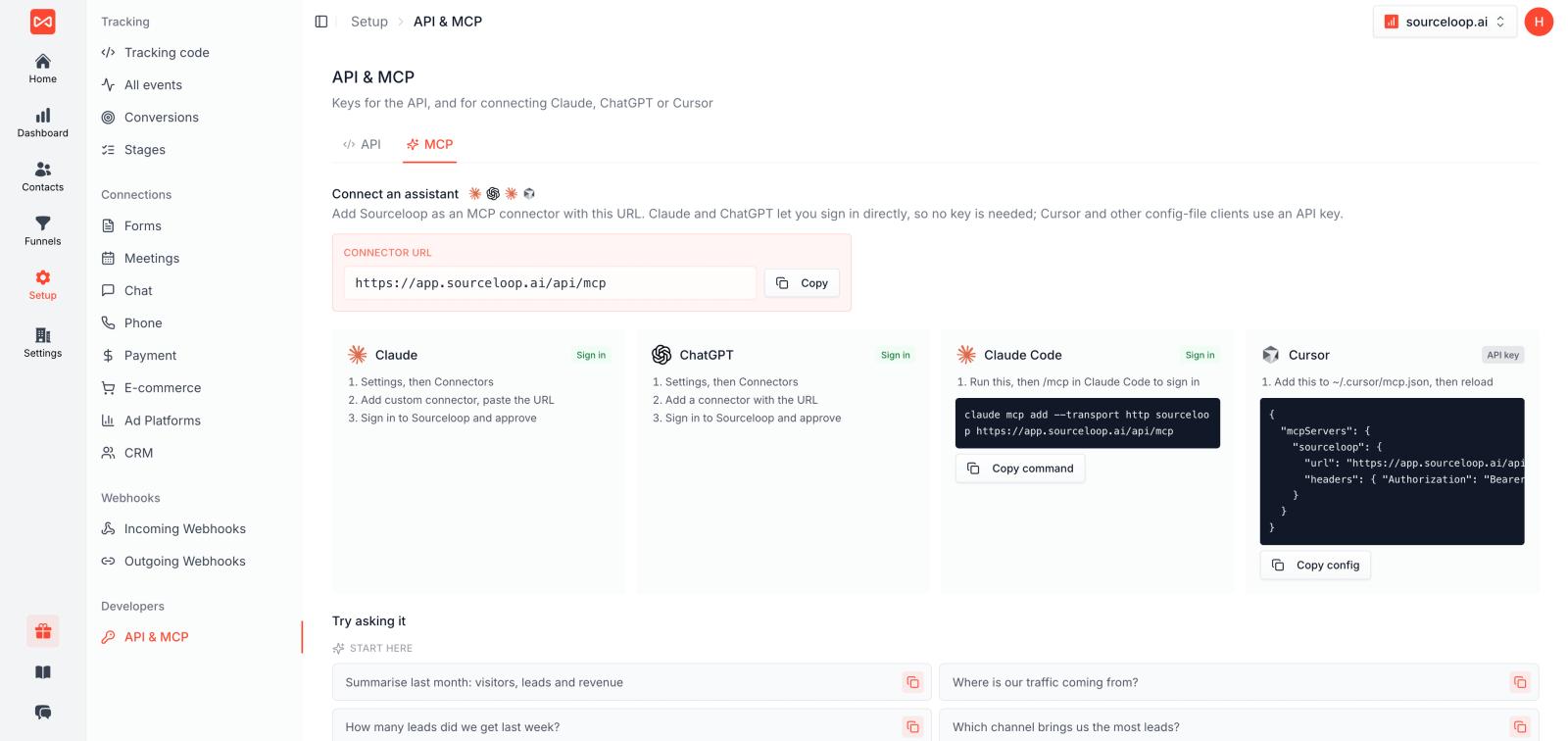 SourceLoop MCP server letting an AI agent query attribution, contacts, deals and journeys in natural language