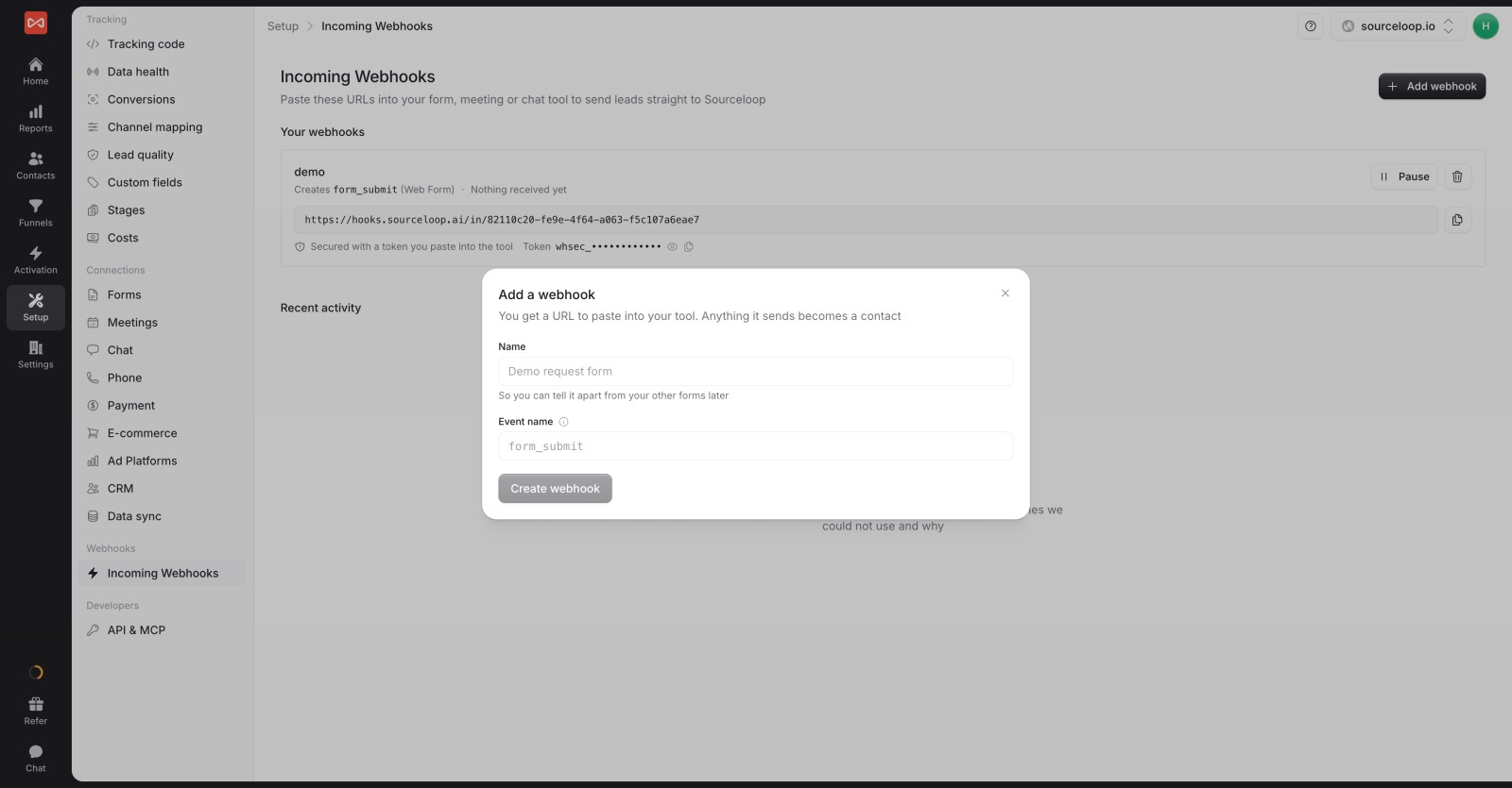 SourceLoop Incoming Webhooks page with the Add a webhook dialog asking for a name and event name
